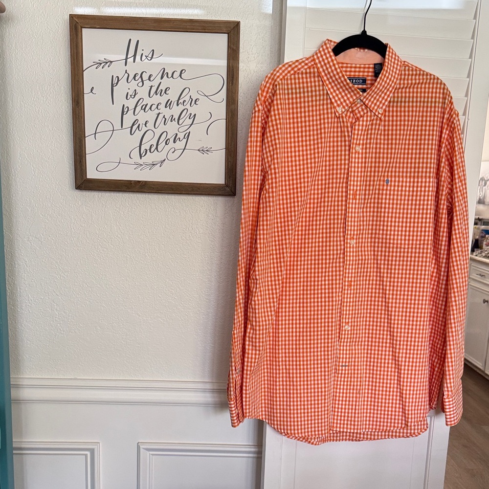 Izod Men's Orange Gingham Button Down Shirt